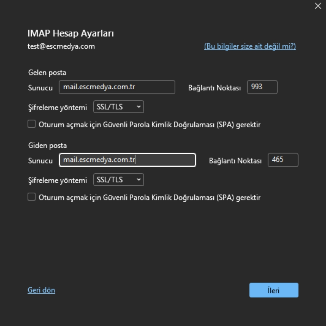 Outlook IMAP ayarları