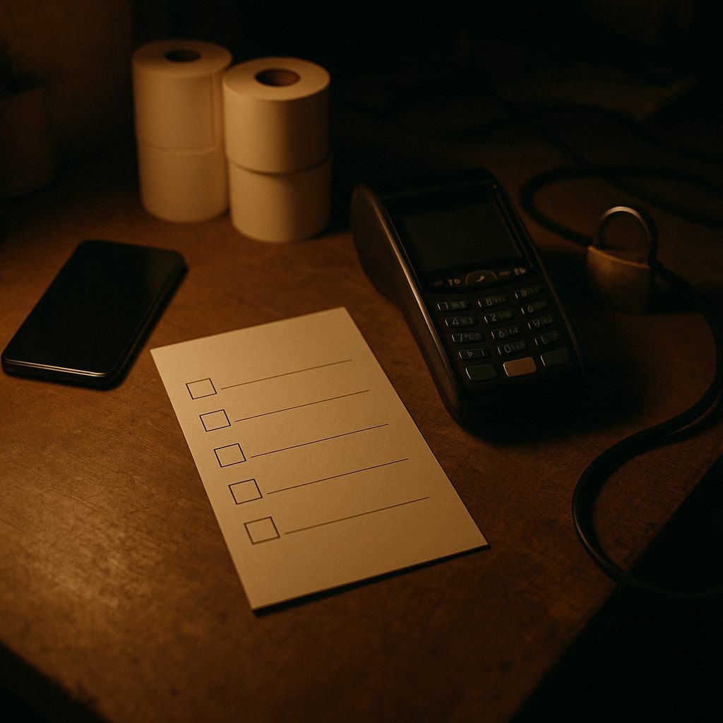 Reklam öncesi site kontrolünü temsil eden boş kutucuklu liste, telefon, kart terminali, kargo etiketi ve kilit.